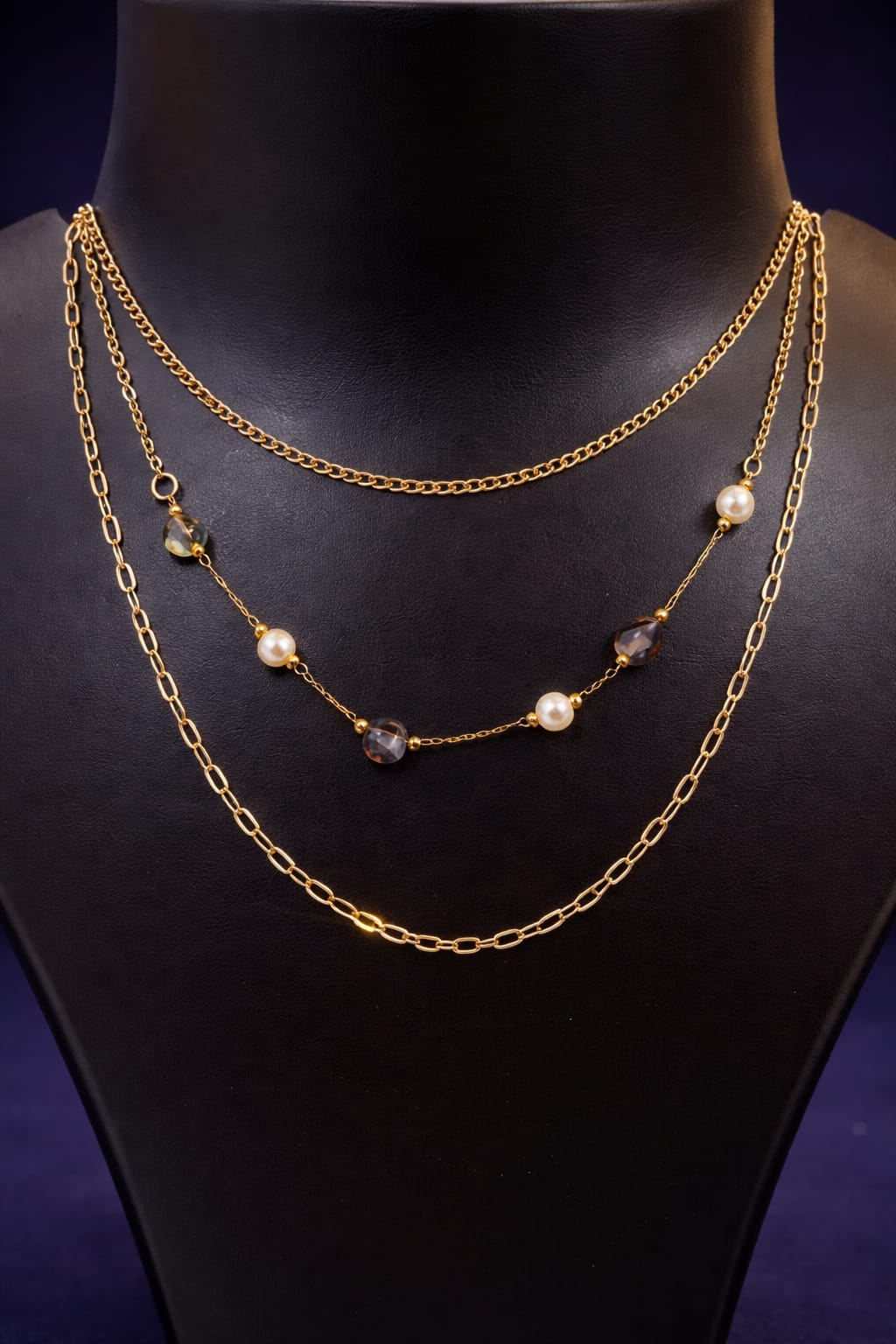 Elegant Layered Gold Chain Necklace with Pearls & Gemstones