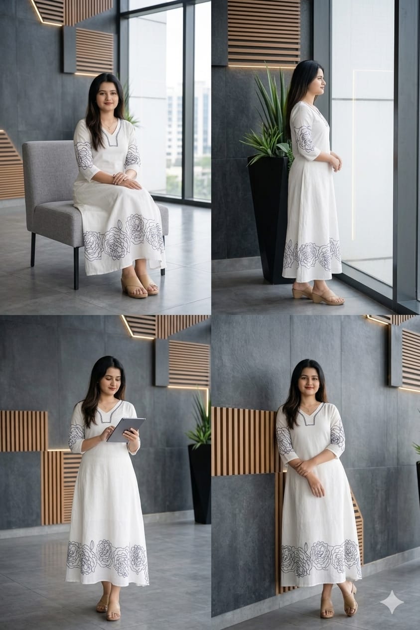 White Floral Midi Dress - Classic A-Line Style with 3/4 Sleeves