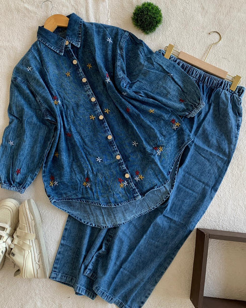 Embroidered Oversized Denim Co-ord Set - Wide Leg Baggy Jean Two-Piece