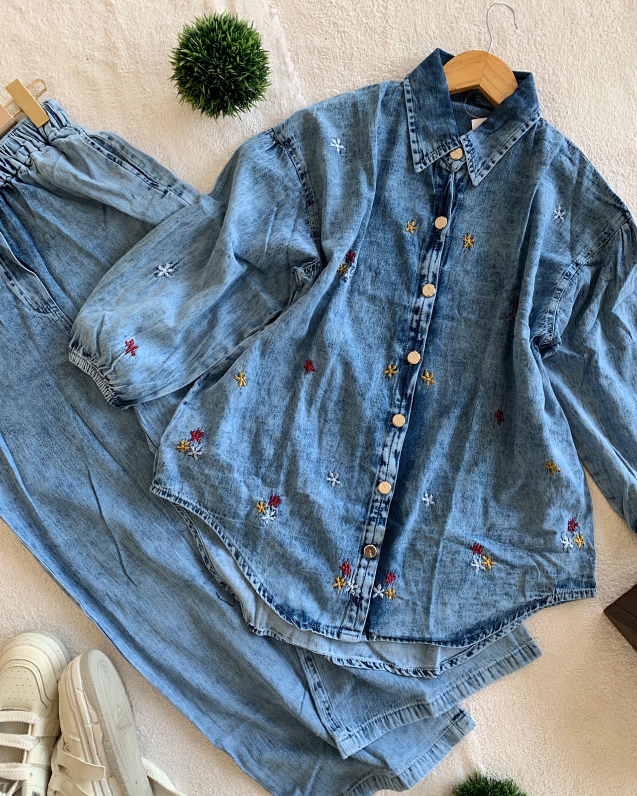 Embroidered Oversized Denim Co-ord Set - Wide Leg Baggy Jean Two-Piece